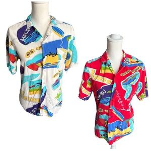 Vtg 80s papaya Colorful Graphic Button-Up Shirts tropical Hawaiian boys medium